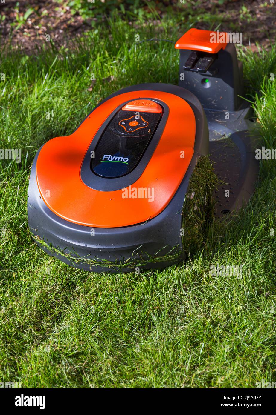 robotic Flymo lawnmower cutting grass lawn in May - compact robotic lawnmower with simple Push & Go interface and advance smartphone control Stock Photo