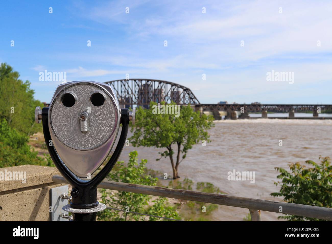 tourist binoculars overlooking the Ohio River in Louisville, Kentucky Stock Photo