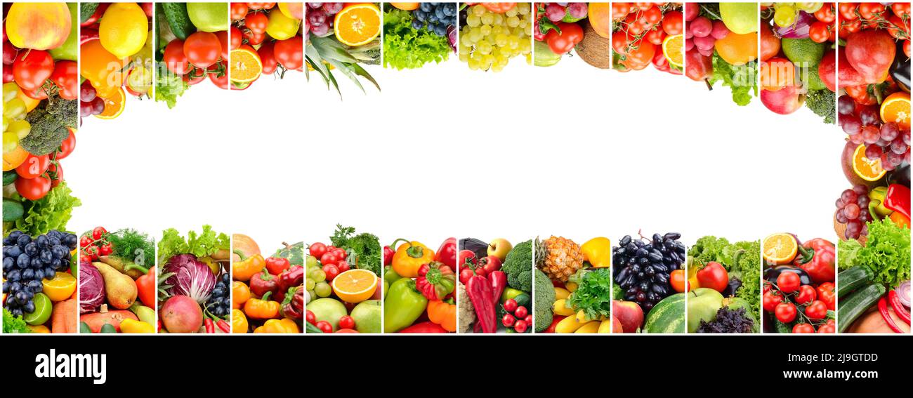 Wide frame ripe fruits and vegetables on white background Stock Photo