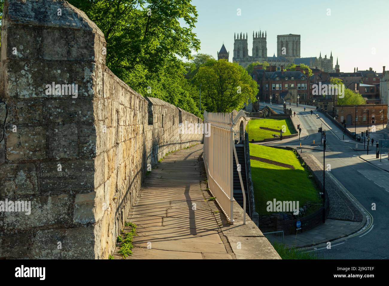 Spring morning on York city walls, North Yorkshire, England. York Minster in the distance. Stock Photo