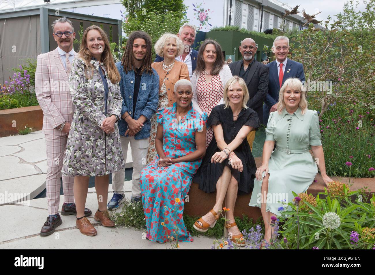 London, UK, 23 May 2022: Ten New RHS ambassadors are announced at Chelsea Flower Show, including Simon Lycett, Kate Bradbury, Tayshan Hayden Smith, Sue Kent, Mark Gregory, incoming RHS president Clare Matterson, Manoj Malde, James Alexander-Sinclair and seated Arit Anderson,  Jo Wiley and Nicki Chapman.  Anna Watson/Alamy Live News Stock Photo