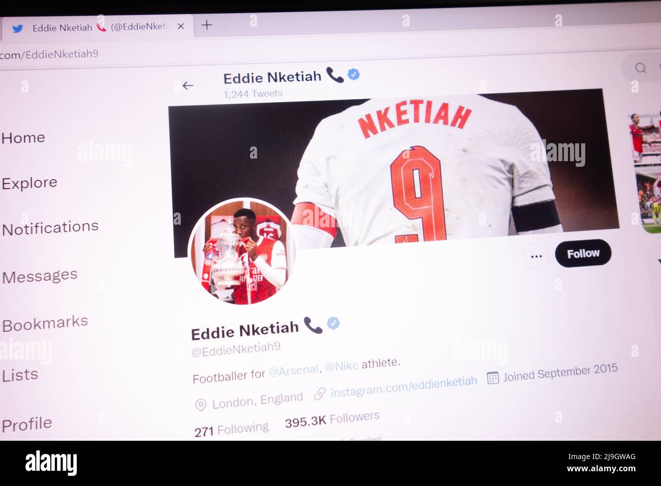 KONSKIE, POLAND - May 21, 2022: Eddie Nketiah official Twitter account displayed on laptop screen Stock Photo