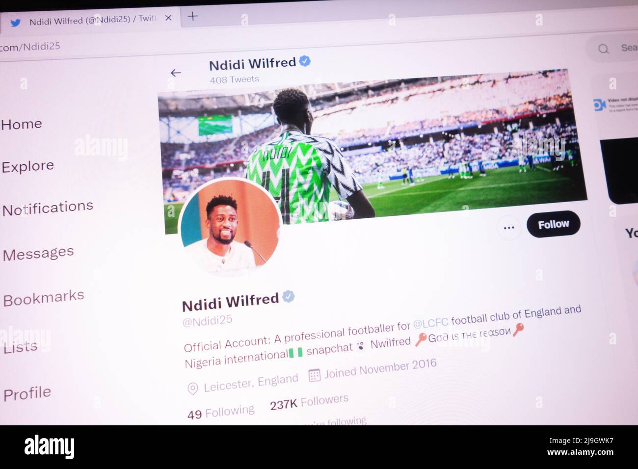 KONSKIE, POLAND - May 21, 2022: Ndidi Wilfred official Twitter account displayed on laptop screen Stock Photo