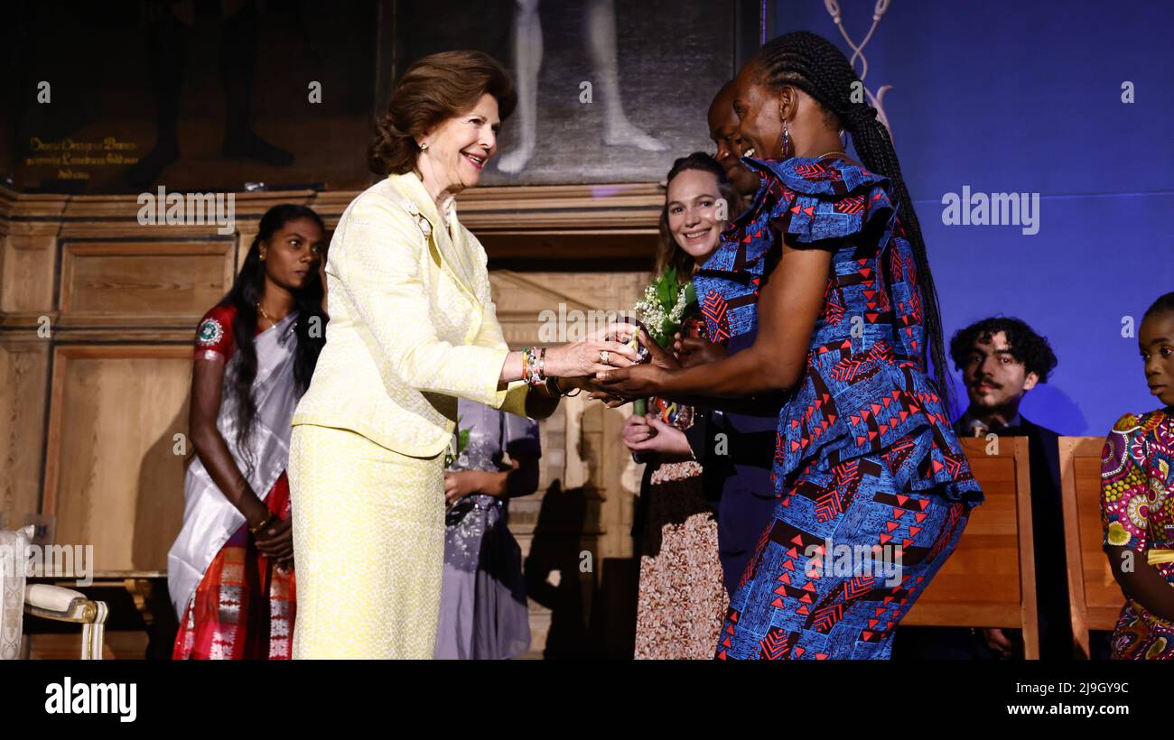MARIEFRED 20220523 Queen Silvia awards (from L to R) Juanita Verhoef, Peace Parks Foundation, South Africa, Godknows Nyuwani, African Wildlife Conservation Fund, South Africa, and Lucrescéncia Macuacua, game preserver at Peace Parks Foundation, South Africa during the award ceremony for   World's Children's Prize at Gripsholms castle in Mariefred. Organisations Peace Park Foundation and Wildlife Conservation Fund work against wildlife crime in Sout Africa and cooperate with World’s Children's Prize to educate children on childrens rights, animal rights and climate change.   Photo: Stefan Jerre Stock Photo