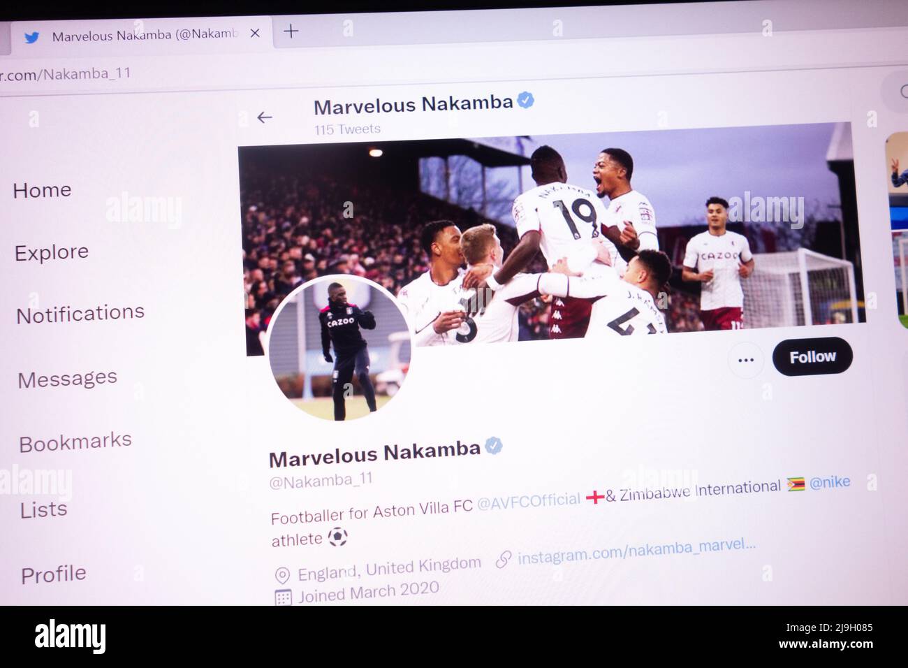 KONSKIE, POLAND - May 21, 2022: Marvelous Nakamba official Twitter account displayed on laptop screen Stock Photo