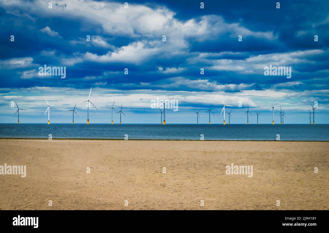 Offshore Wind Turbine in a Windfarm under construction off the England Coast Stock Photo