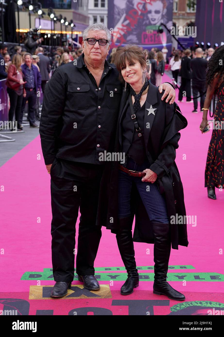 Steve Jones and Chrissie Hynde arriving for the premiere of Pistol, at the Odeon Luxe, Leicester