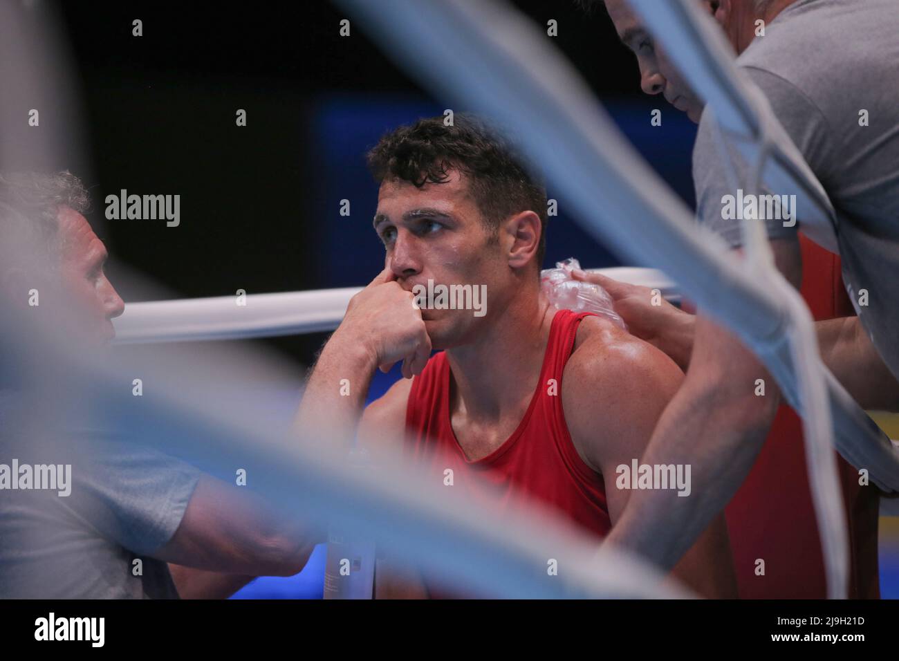 Yerevan, Armenia, on May 23rd 2022, George Crotty from United Kingdom (Red) competes against Ivan Sapun from Ukraine (Blue) in EUBC Elite European Men’s Boxing Championships 2022, Hrach Khachatryan/ Alamy Live News Stock Photo