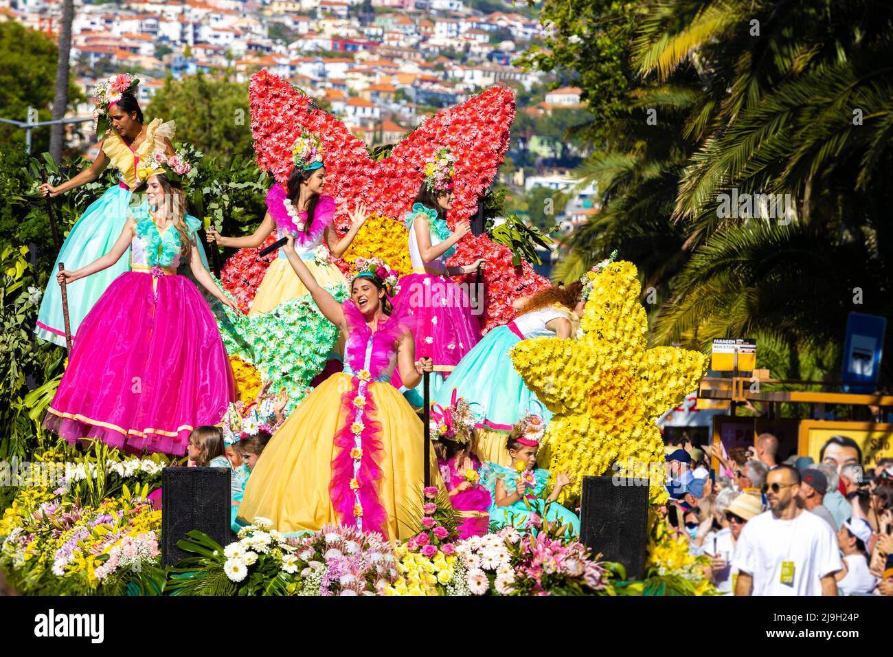 Funchal, Madeira - May 8, 2022: The famous Flower Festival (Festa da flor) in Madeira. The flower parade in Funchal. Stock Photo