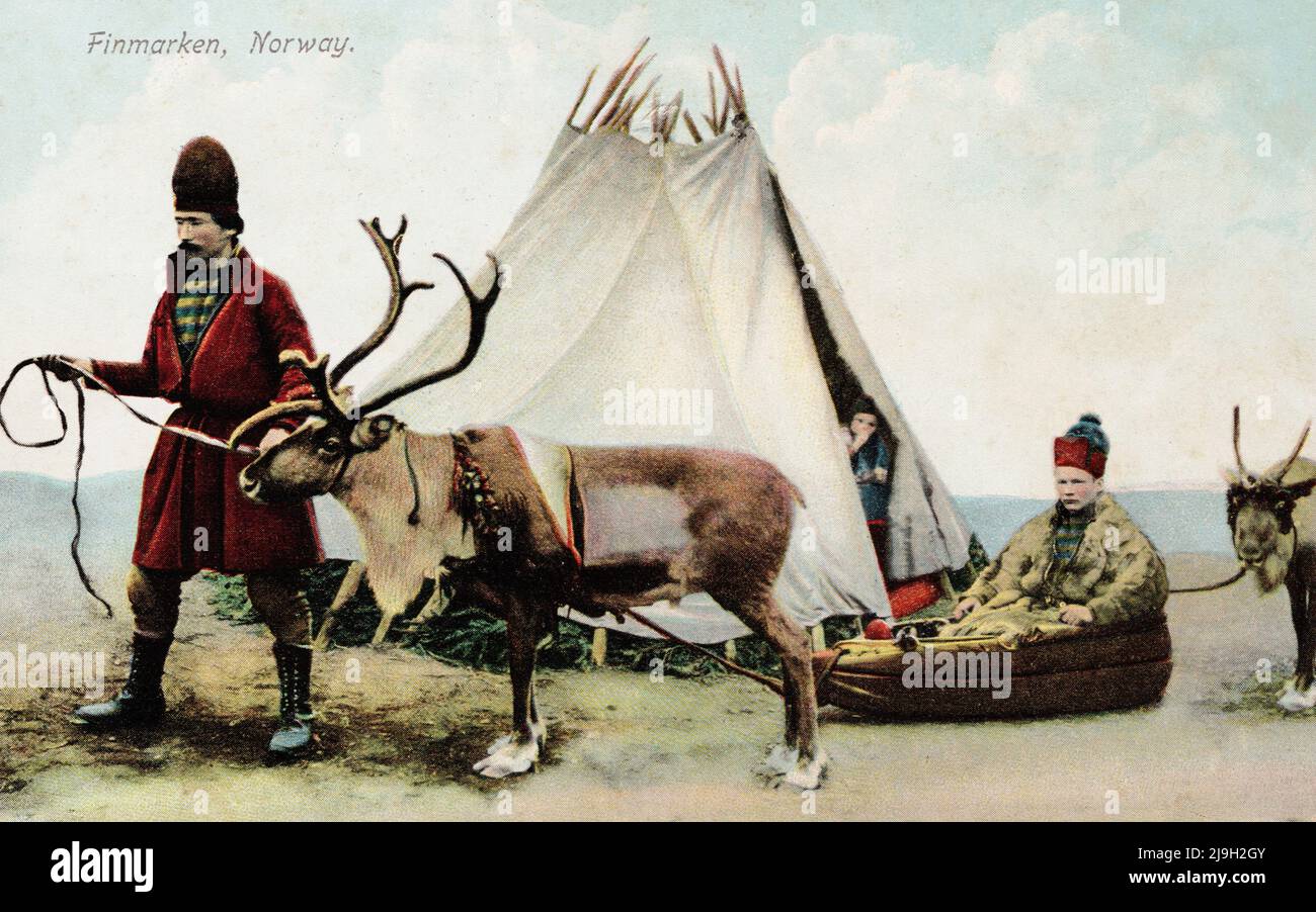 People with reindeer, Finmarken Norway, approx early 1900s postcard. unidentified photographer Stock Photo