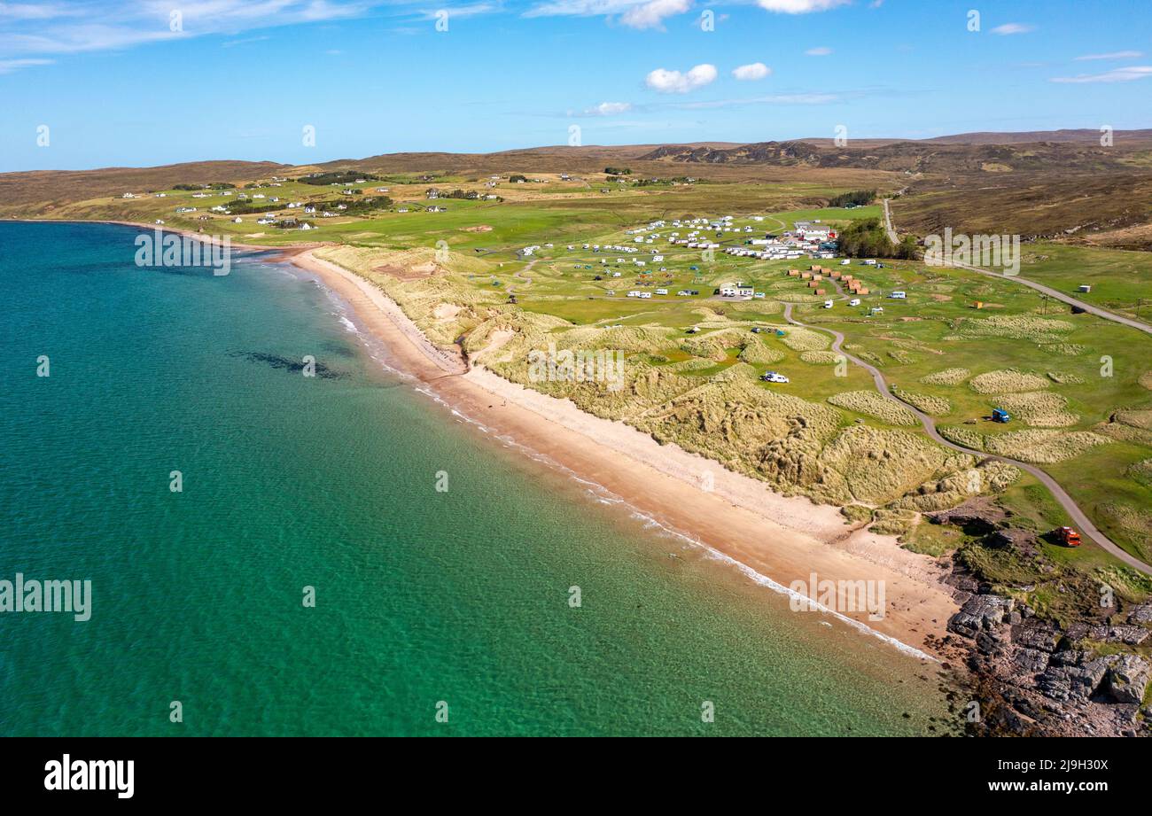 Aerial view of Big Sands Beach and Sands Caravan Park on North Coast 500 route, Wester Ross, Scottish Highlands, Scotland Stock Photo