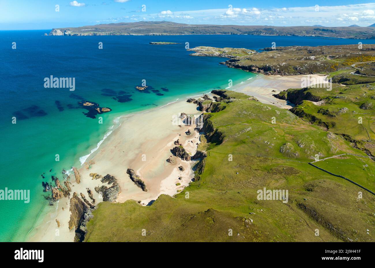 Aerial view from drone of Ceannabeinne Beach on North Coast 500 route in Sutherland, Scottish Highlands, Scotland Stock Photo