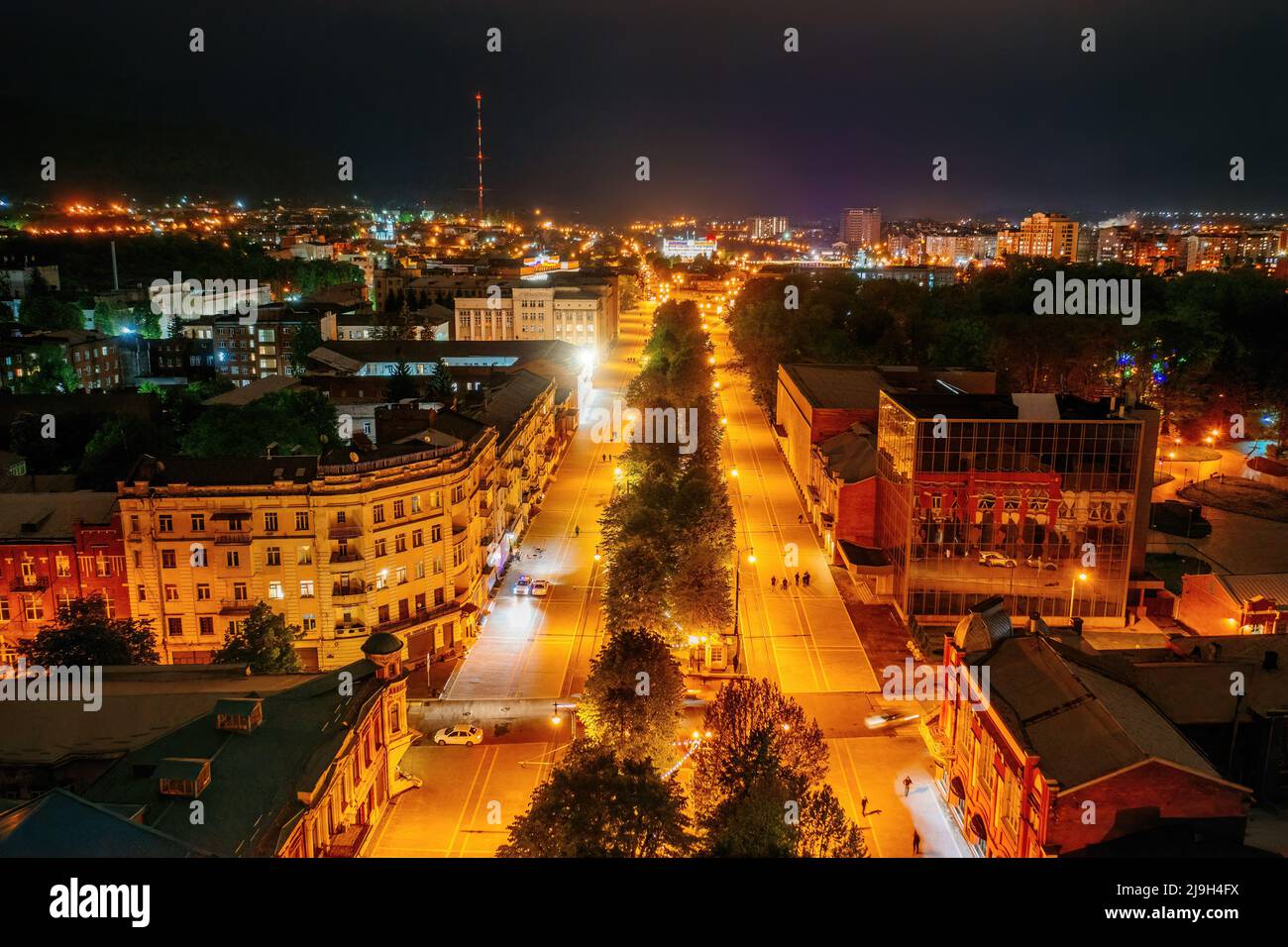 Vladikavkaz, capital of North Ossetia. Historical downtown from drone at night Stock Photo