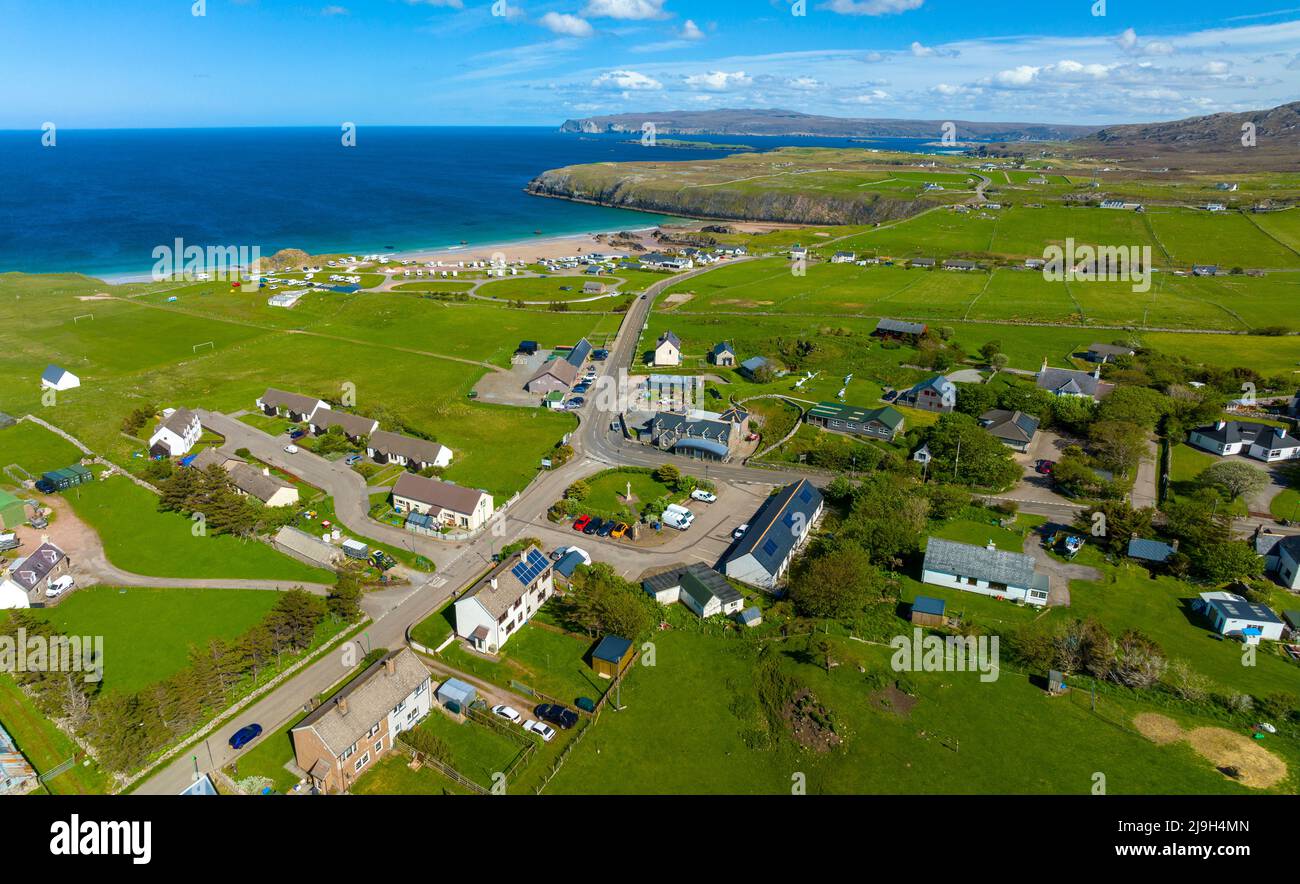 Aerial view from drone of village of Durness on North Coast 500 route