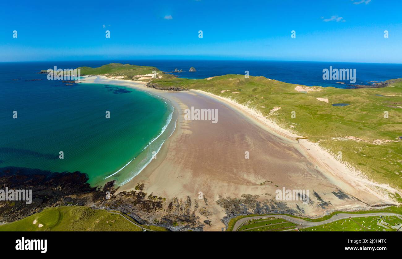 Aerial view of beach at Balnakeil Bay in Durness on North Coast 500 route, Sutherland, Scottish Highlands, Scotland Stock Photo