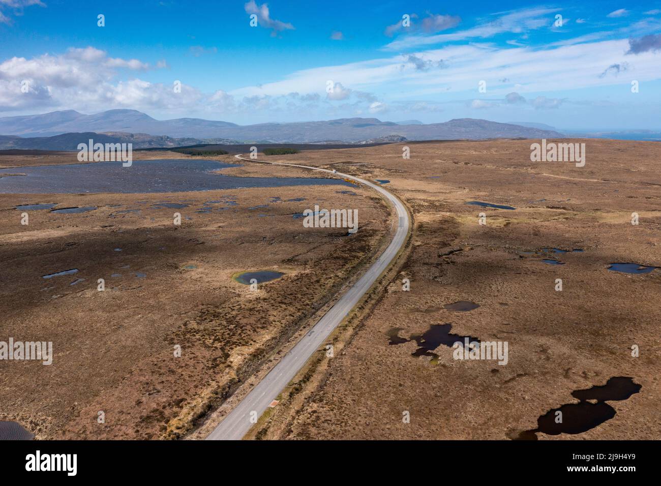Aerial view of Flow country blanket bog in A' Mhòine (Moine) peninsula in Sutherland, Scottish Highlands, Scotland Stock Photo