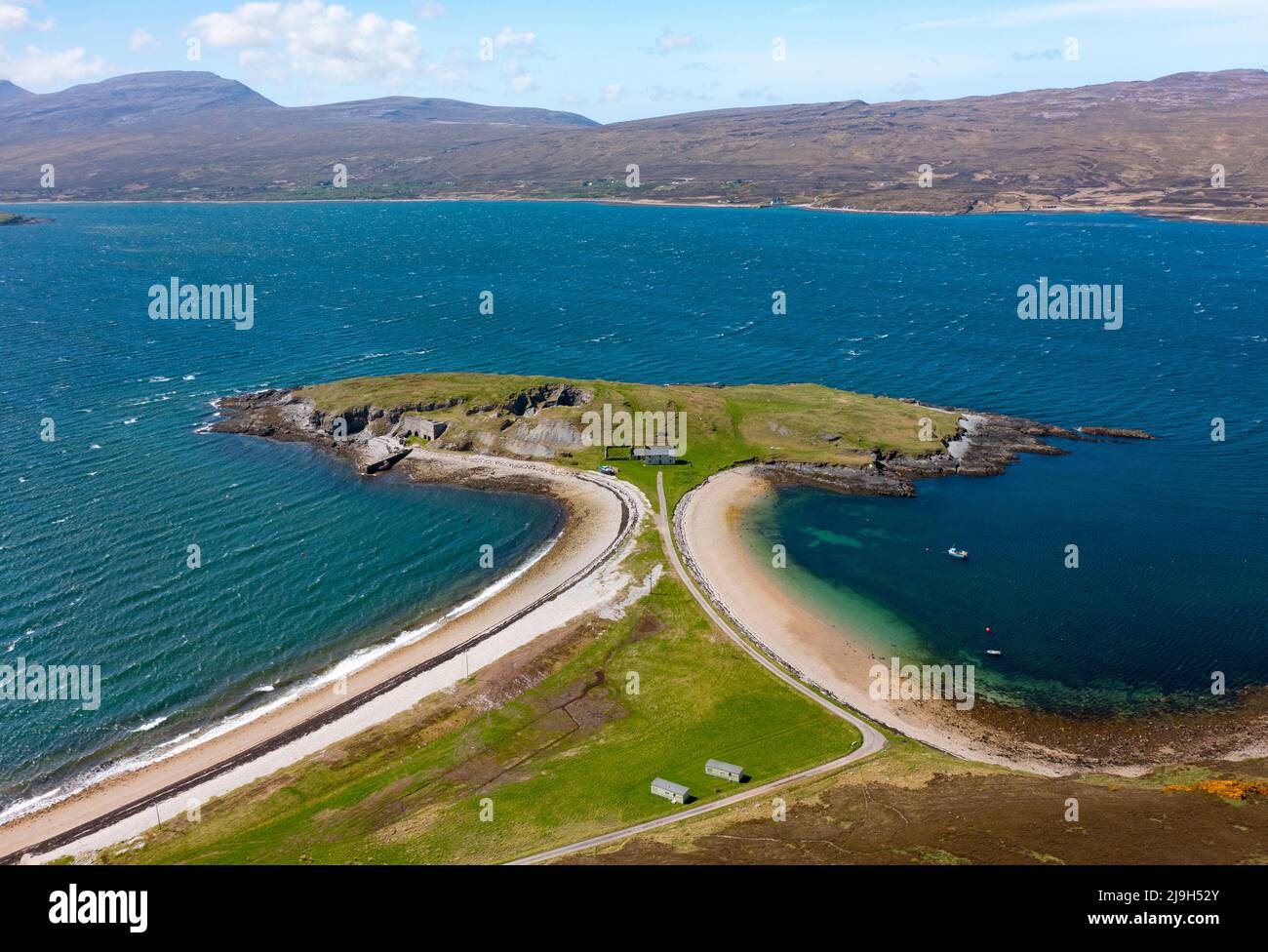 Aerial view of old Ferry House, lime kilns and beaches at Ard Neakie in Loch Eriboll, Scottish Highlands, Sutherland, Stock Photo