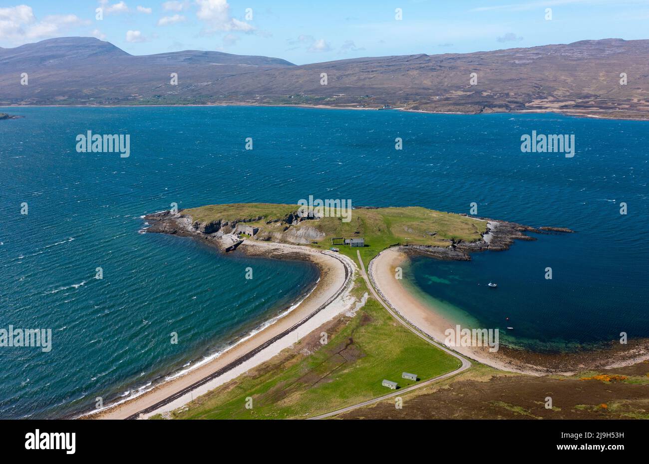 Aerial view of old Ferry House, lime kilns and beaches at Ard Neakie in Loch Eriboll, Scottish Highlands, Sutherland, Stock Photo