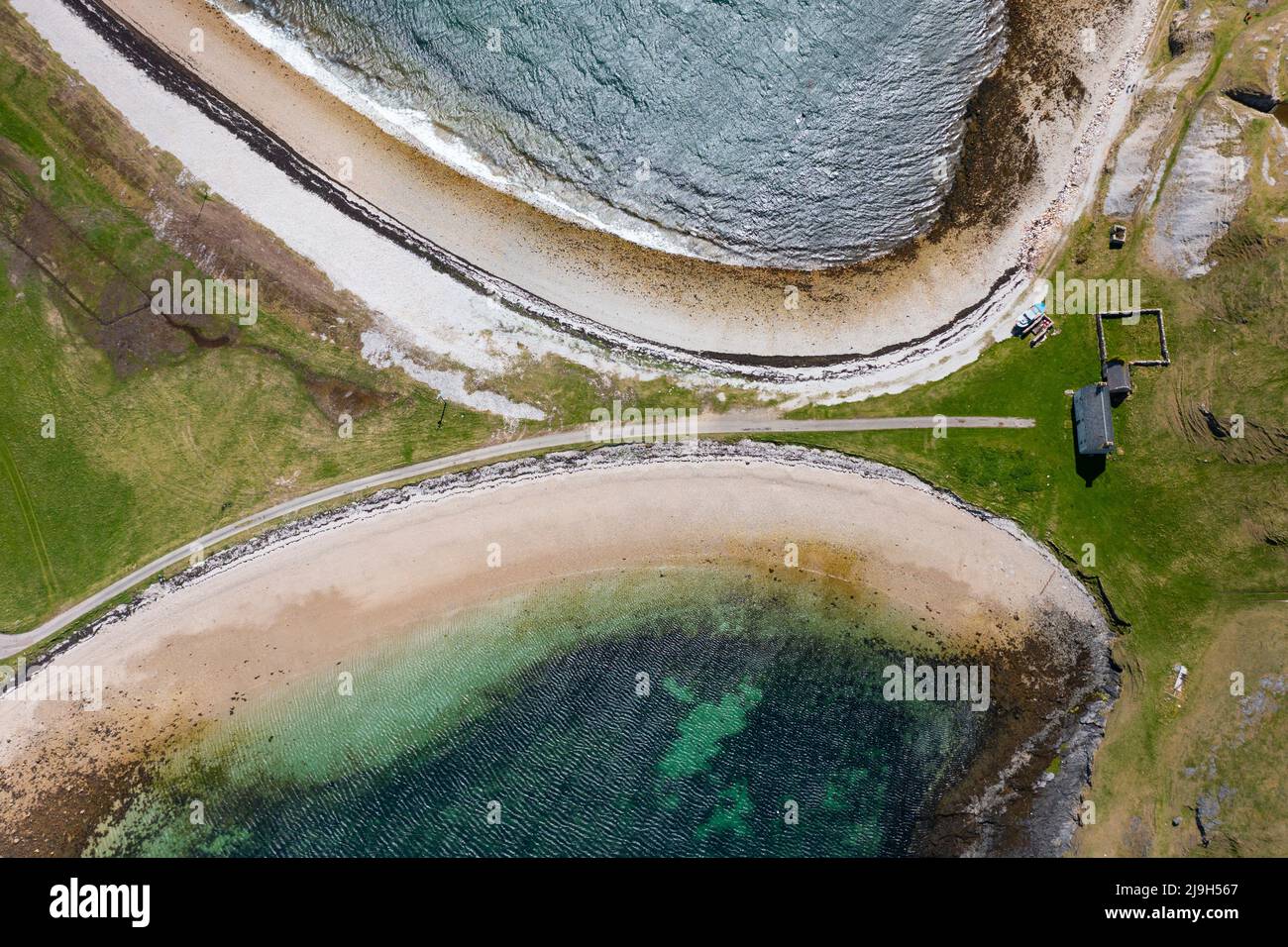 Aerial view of old Ferry House, lime kilns and beaches at Ard Neakie in Loch Eriboll, Scottish Highlands, Sutherland, Stock Photo