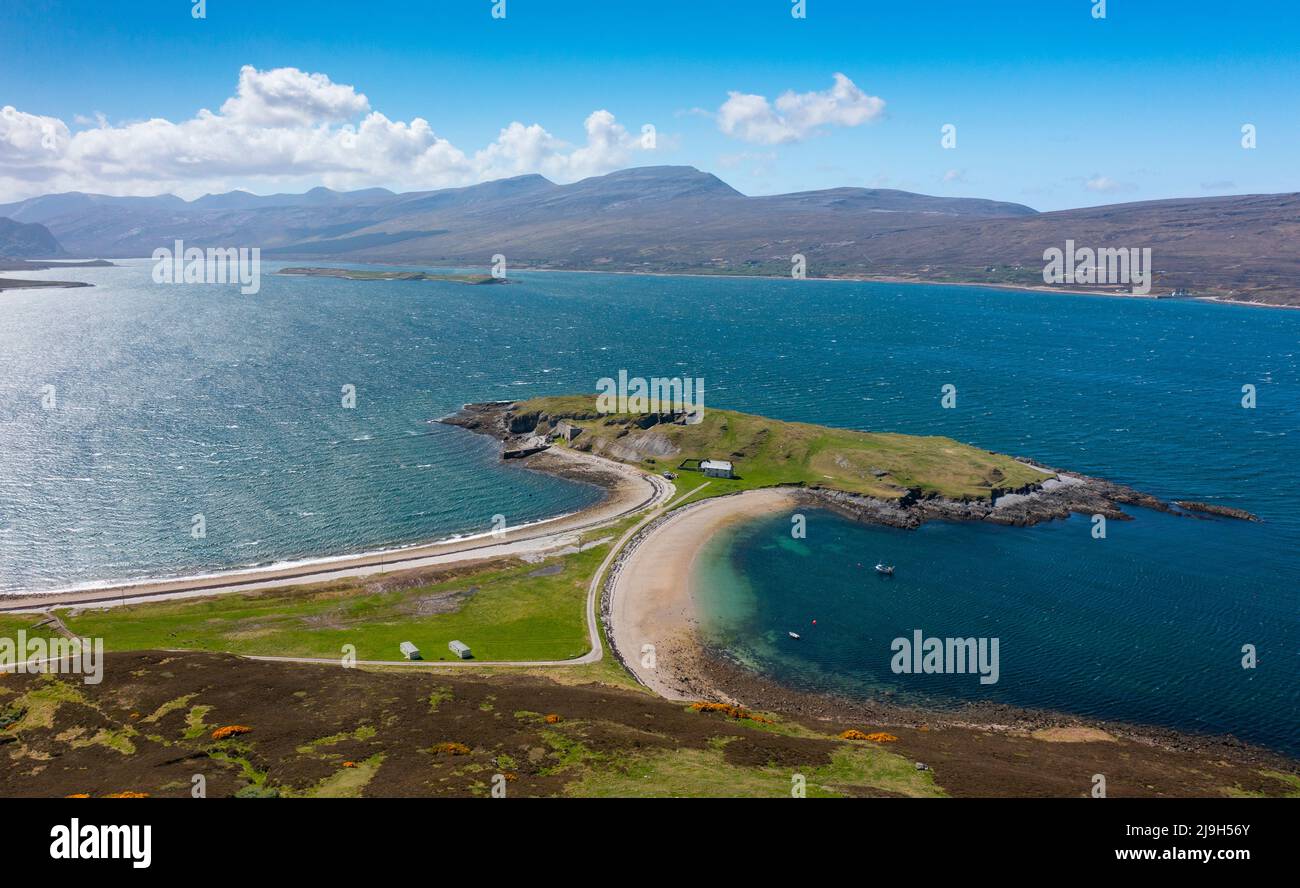 Aerial view of old Ferry House, lime kilns and beaches at Ard Neakie in Loch Eriboll, Scottish Highlands, Sutherland, Stock Photo