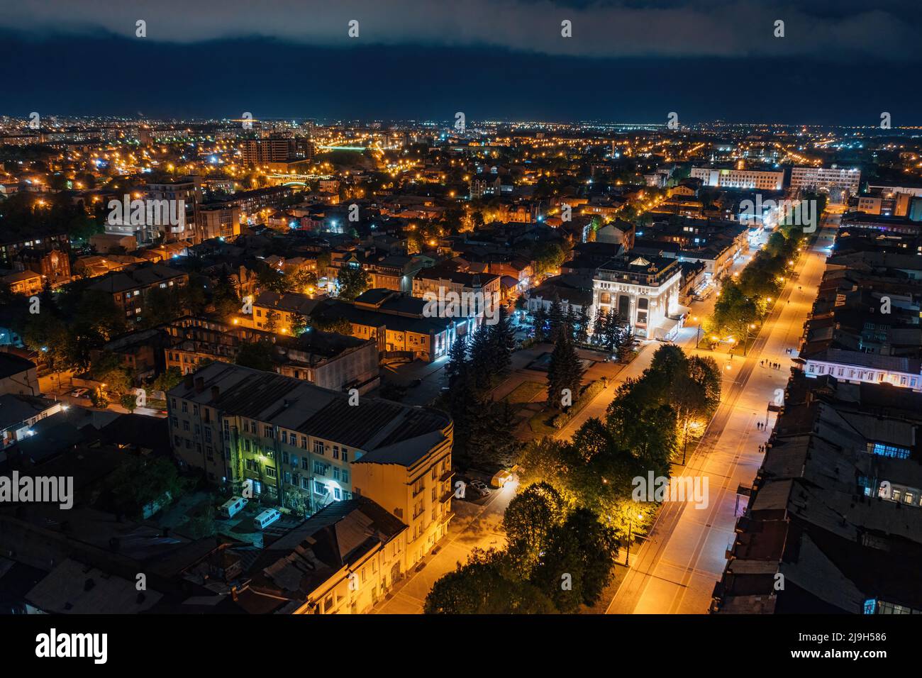 Vladikavkaz, capital of North Ossetia. Historical downtown from drone at night Stock Photo