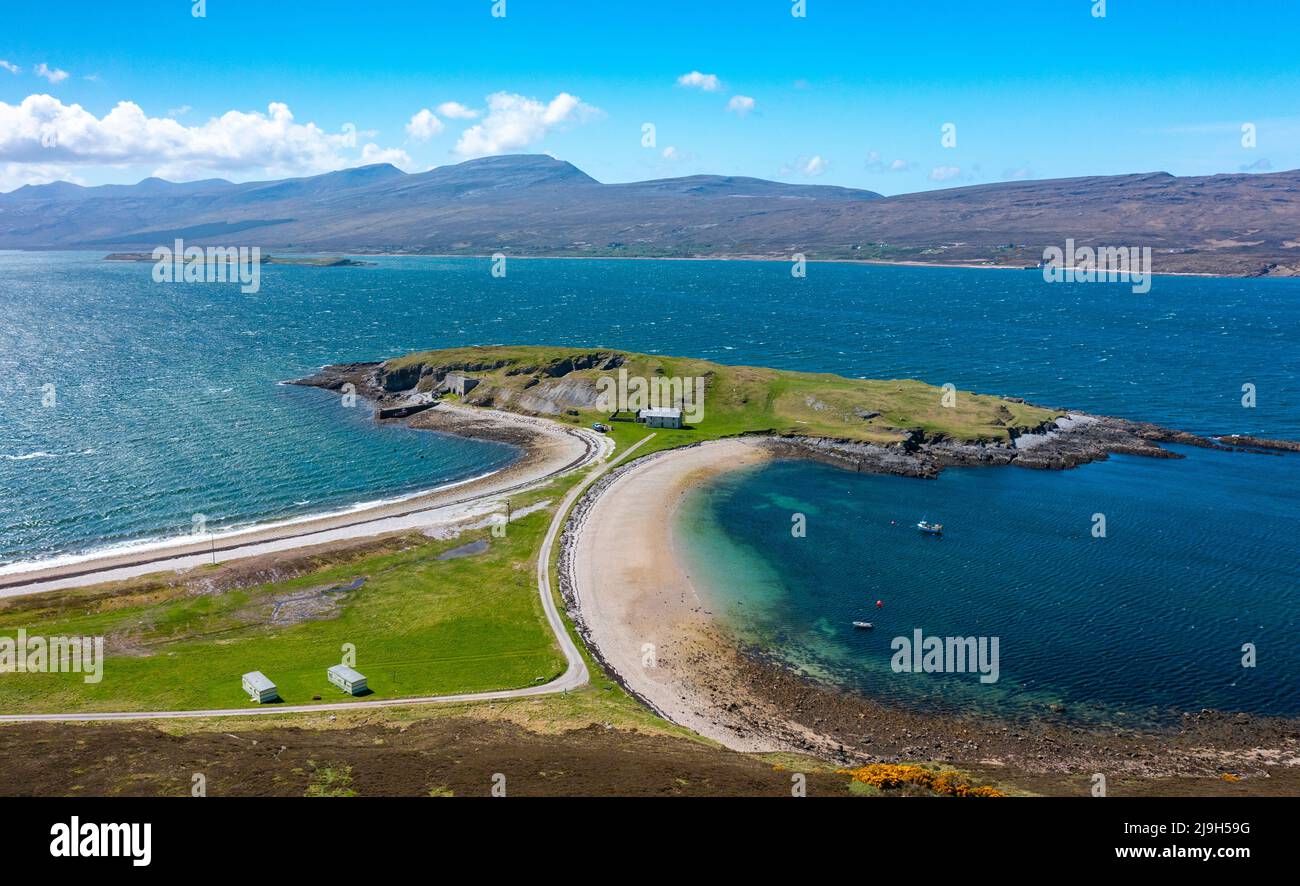 Aerial view of old Ferry House, lime kilns and beaches at Ard Neakie in Loch Eriboll, Scottish Highlands, Sutherland, Stock Photo