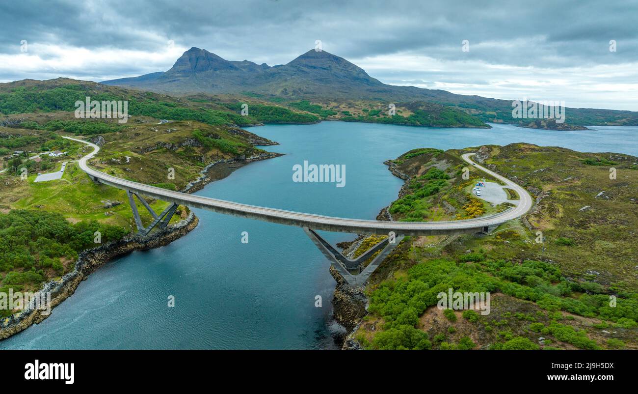 Aerial view from drone of Kylesku Bridge and highway on North Coast 500 route in Sutherland, Scotland Stock Photo