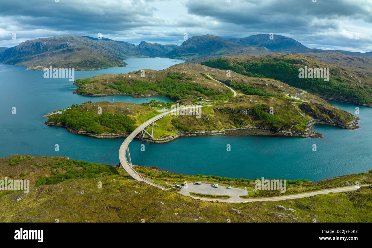 Aerial view from drone of Kylesku Bridge and highway on North Coast 500 route in Sutherland, Scotland Stock Photo