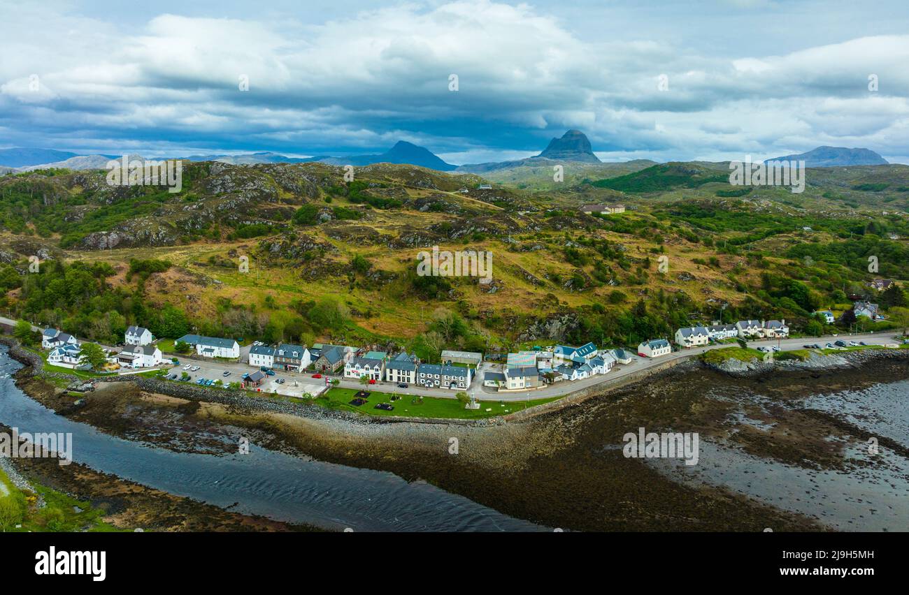 Aerial view from drone of village of Lochinver on North Coast 500 route