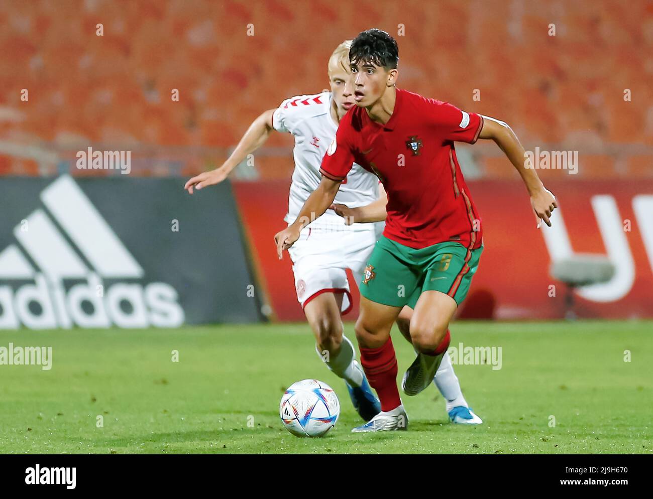 Tel Aviv, Israel. 23rd May, 2022. João Miguel Fins Veloso (8 Portugal) controls the ball (action) during the UEFA Under 17 European Championship 2022 football match between Portugal and Denmark at Ramat-Gan-Stadium in Tel Aviv, Israel. Alan Shiver/SPP Credit: SPP Sport Press Photo. /Alamy Live News Stock Photo