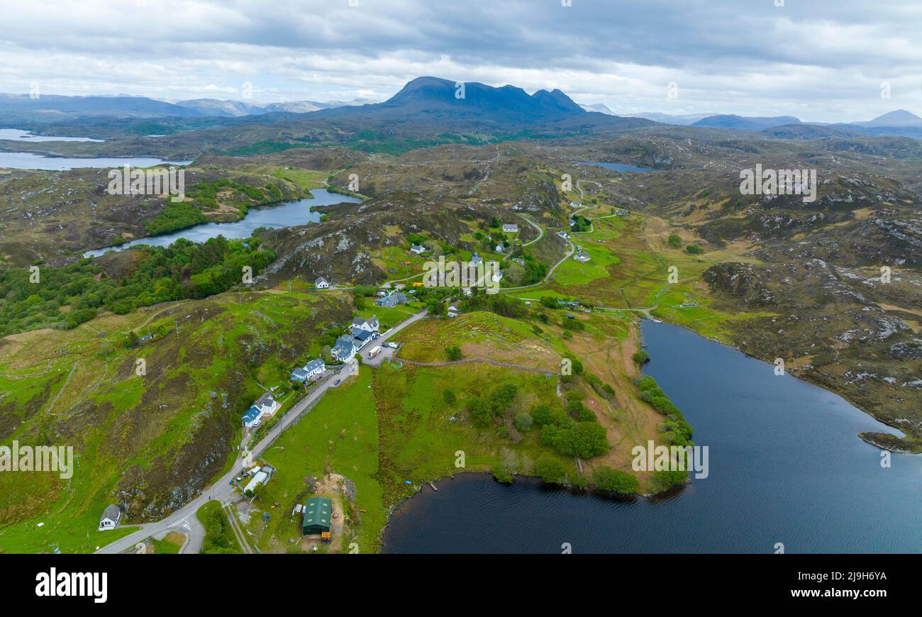 Aerial View From Drone Of Village Of Drumbeg On North Coast 500 Route aerial-view-from-drone-of-village-of-drumbeg-on-north-coast-500-route