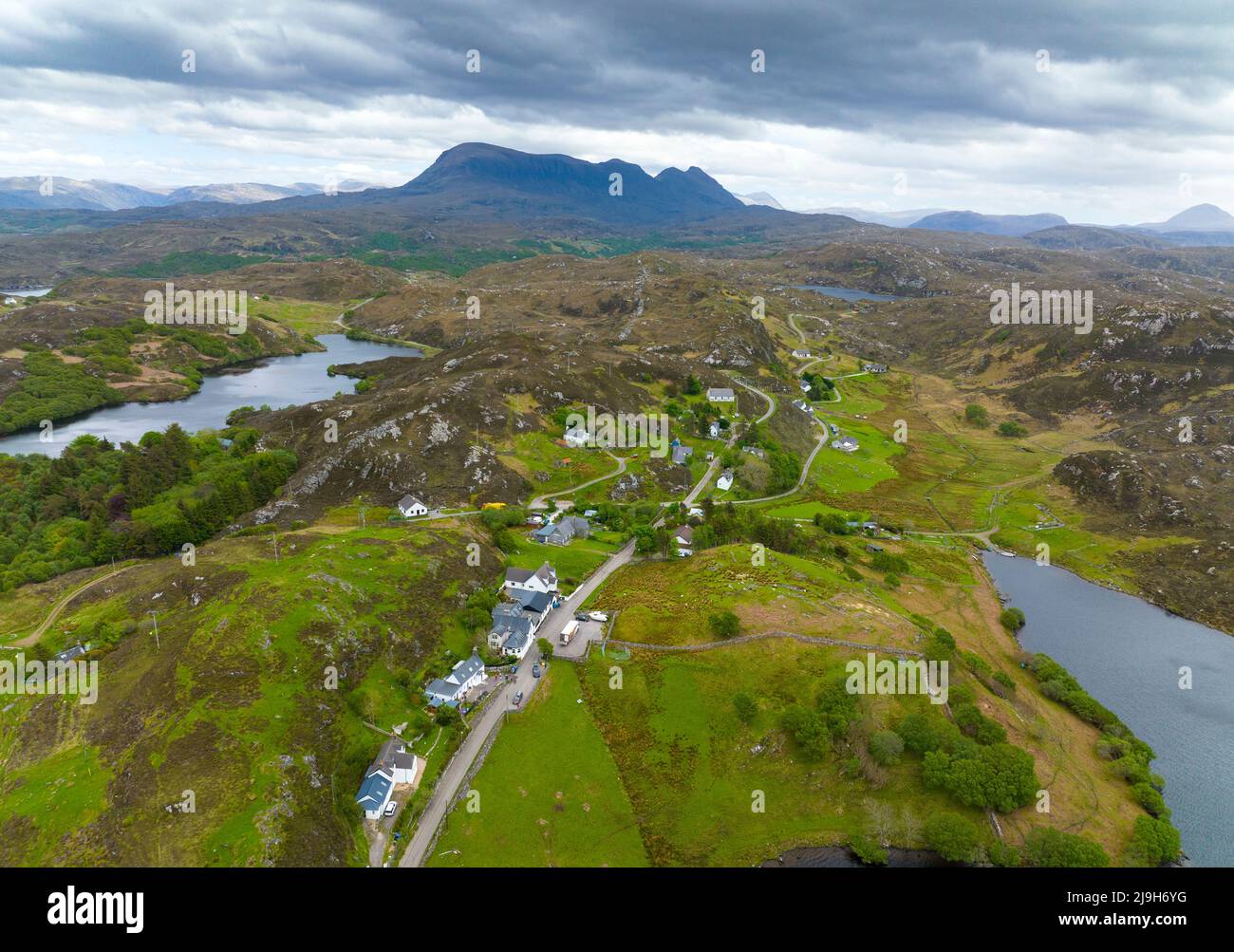 Aerial view from drone of village of Drumbeg on North Coast 500 route