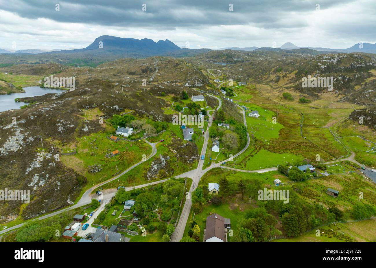 Aerial view from drone of village of Drumbeg on North Coast 500 route
