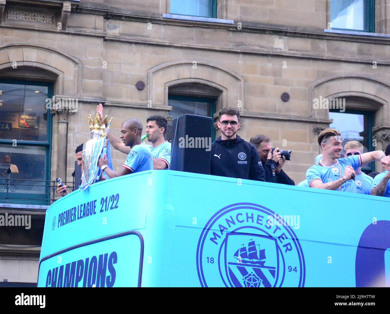 Manchester, UK, 23rd May, 2022. Fernando Luiz Roza, known as Fernandinho, captain of the club, holds the cup. Manchester City Football Club holds a victory parade to celebrate the club's Premier League title win after beating Aston Villa at the Etihad Stadium on 22nd May. The parade of open top buses went through central Manchester, England, United Kingdom. The club said: 'The club will celebrate its victory with fans with an open-top bus parade in Manchester city centre on Monday 23rd May, concluding with a stage show at Deansgate (Beetham Tower).' Credit: Terry Waller/Alamy Live News Stock Photo