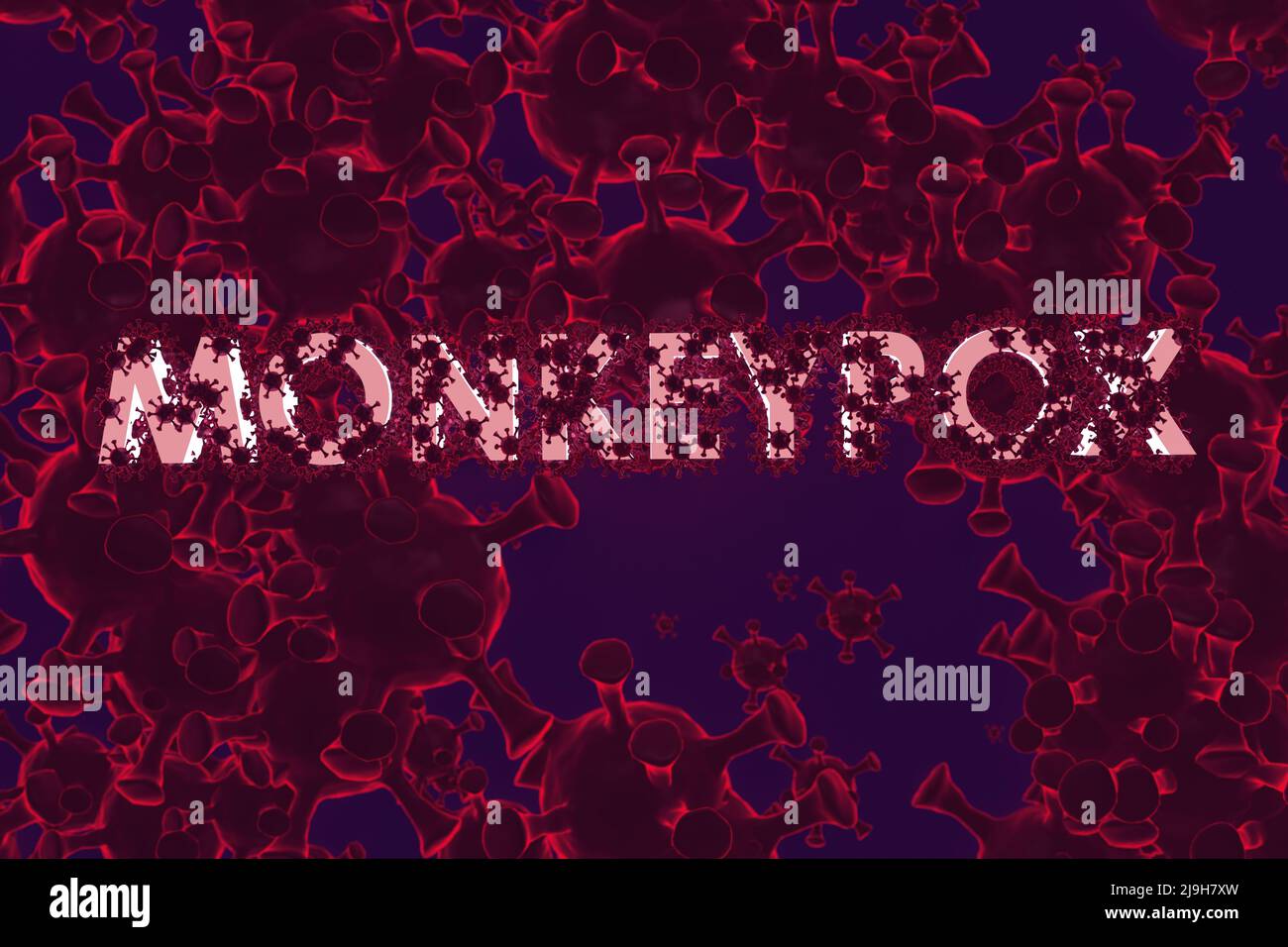 Monkeypox. Inscription with macro virus molecules on a dark red ...
