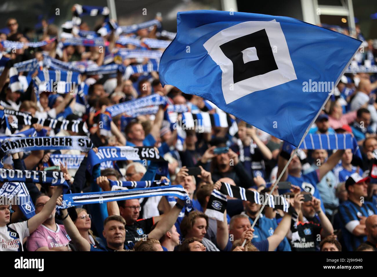Hamburg, Germany. 23rd May, 2022. Soccer: Bundesliga - Relegation,  Hamburger SV - Hertha BSC, Relegation, second leg, Volksparkstadion. Fans  of HSV before the start of the match. IMPORTANT NOTE: In accordance with