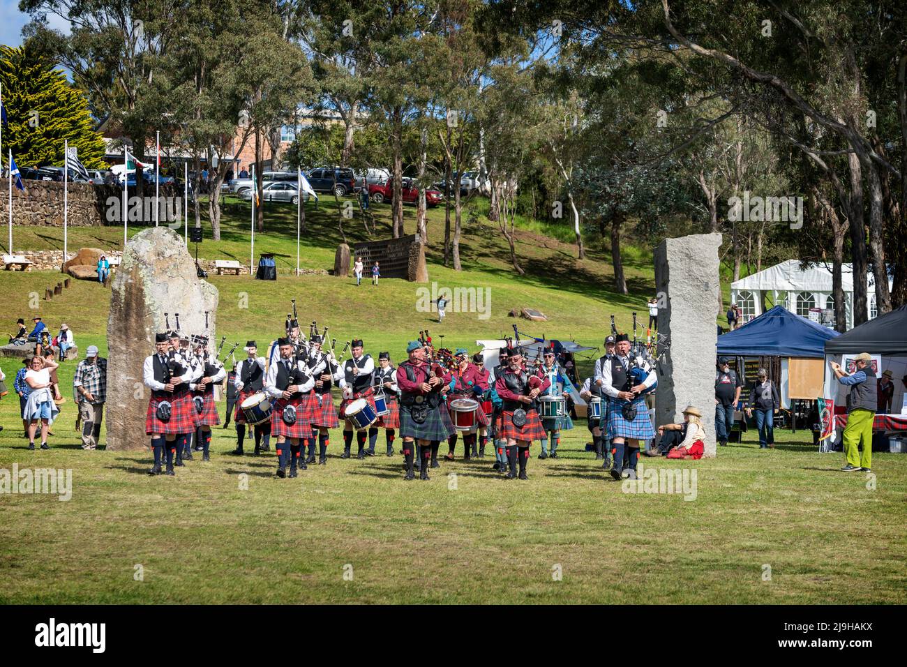 Massed pipe band on display at Standing Stones during Glen Innes Celtic Festival. NSW Australia Stock Photo