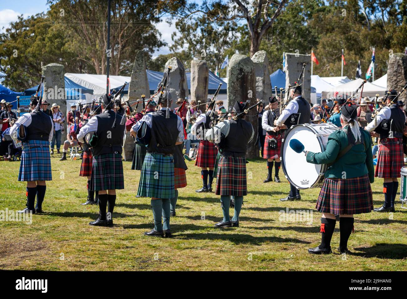 Massed pipe band on display at Standing Stones during Glen Innes Celtic Festival. NSW Australia Stock Photo