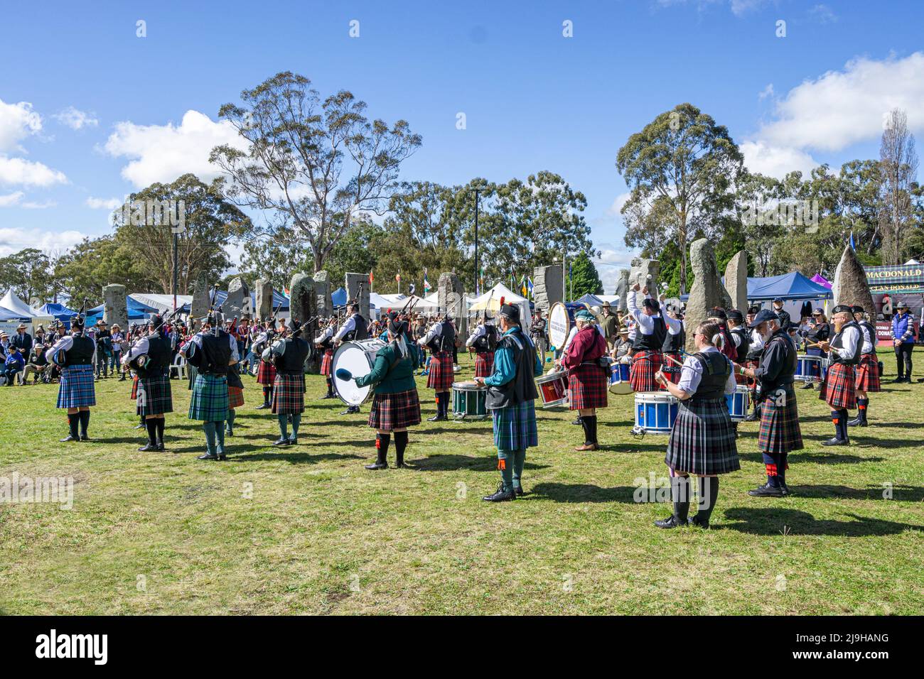 Massed pipe band on display at Standing Stones during Glen Innes Celtic Festival. NSW Australia Stock Photo