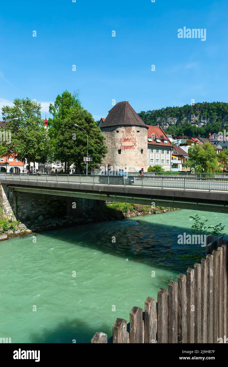 Feldkirch, Austria - May 20, 2022: View of the old town of Feldkirch with the water tower on the banks of the river Ill Stock Photo