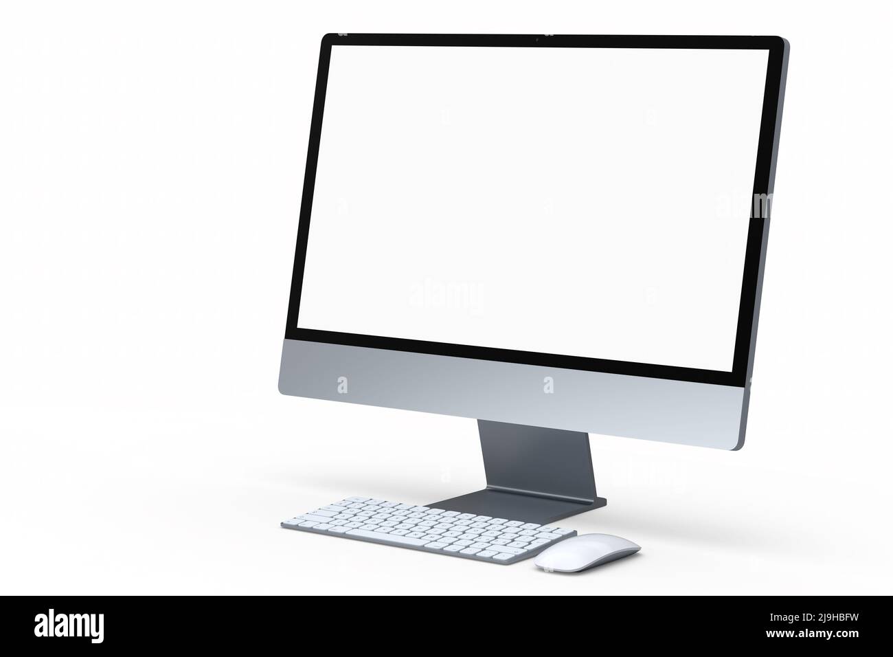 Realistic grey computer screen display with keyboard and mouse isolated