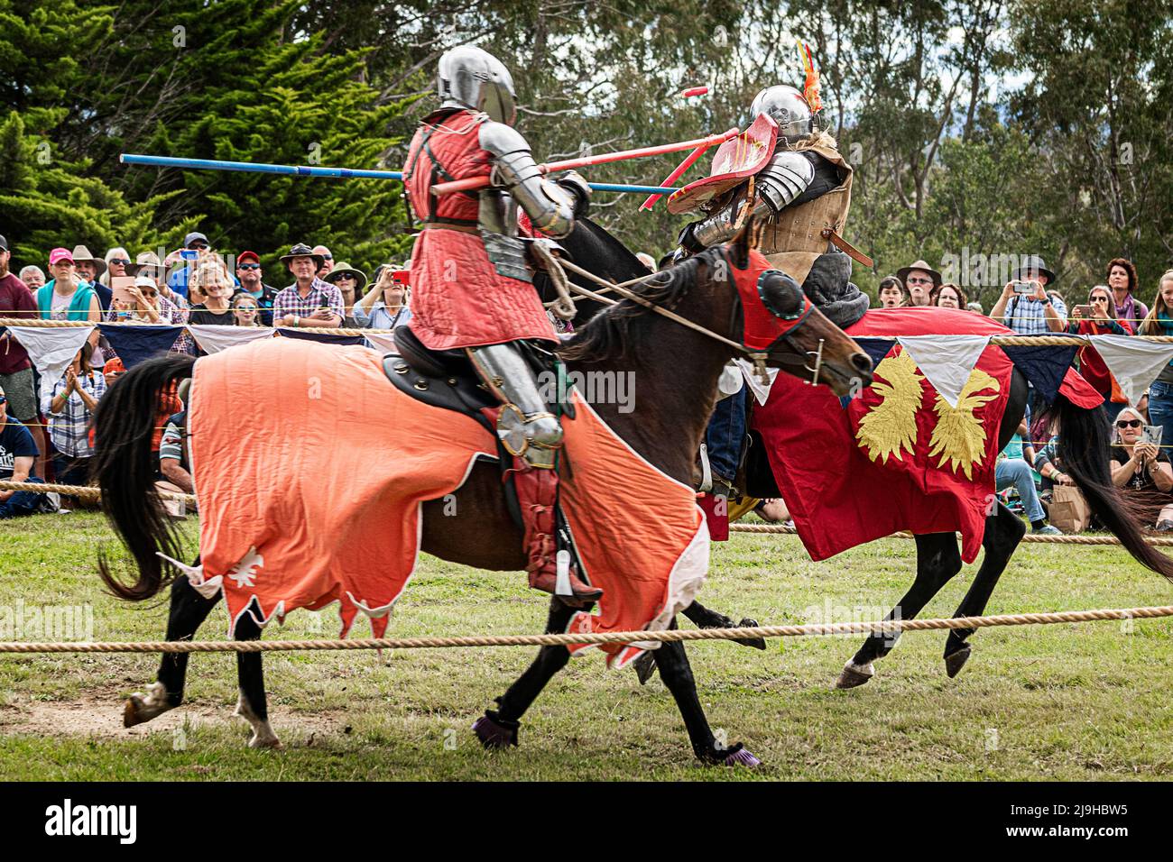 Knights on horseback during jousting tournament demonstration at Glen Innes Celtic Festival. New South Wales, Australia Stock Photo