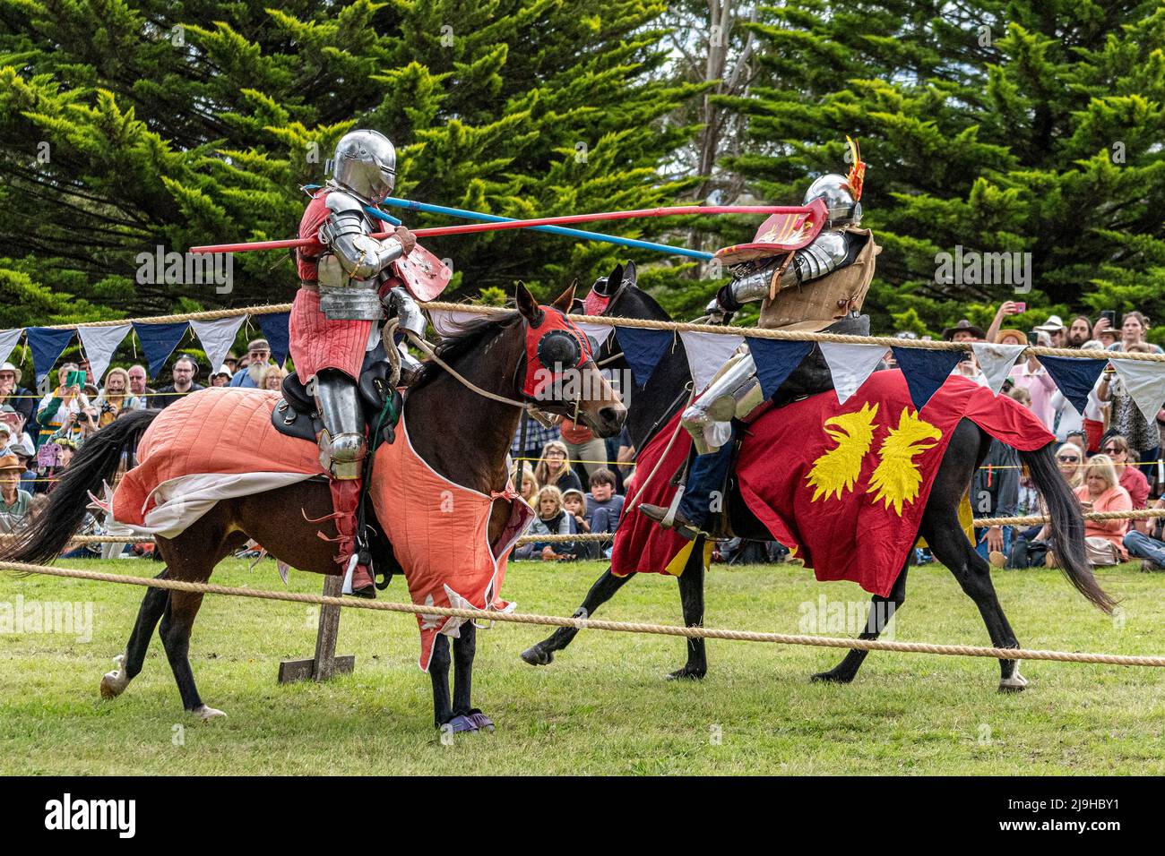 Knights on horseback during jousting tournament demonstration at Glen Innes Celtic Festival. New South Wales, Australia Stock Photo