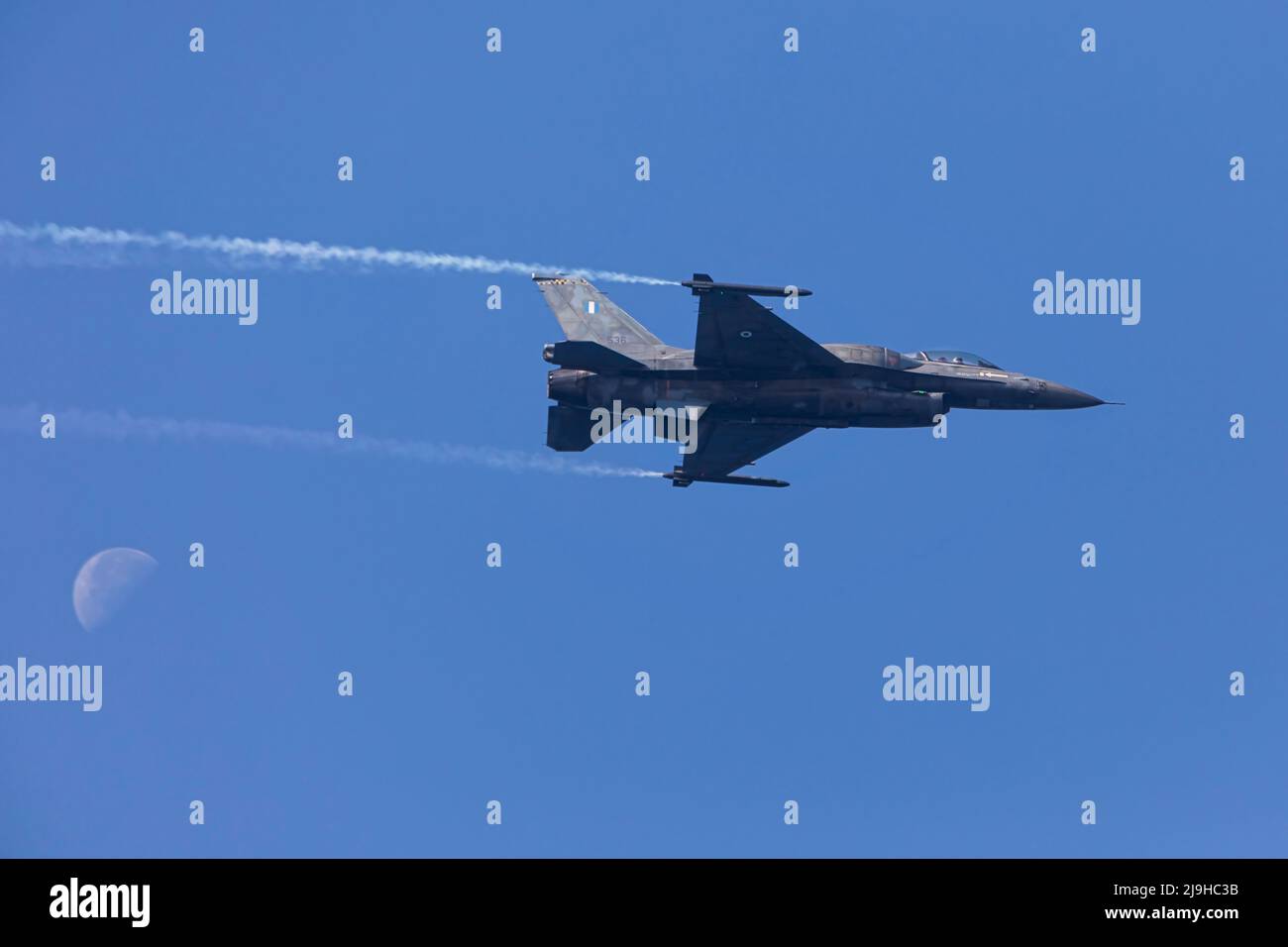 Thessaloniki, Greece - October 28, 2021: F-16 warplane flying during the military parade to celebrate the liberation of Thessaloniki Stock Photo