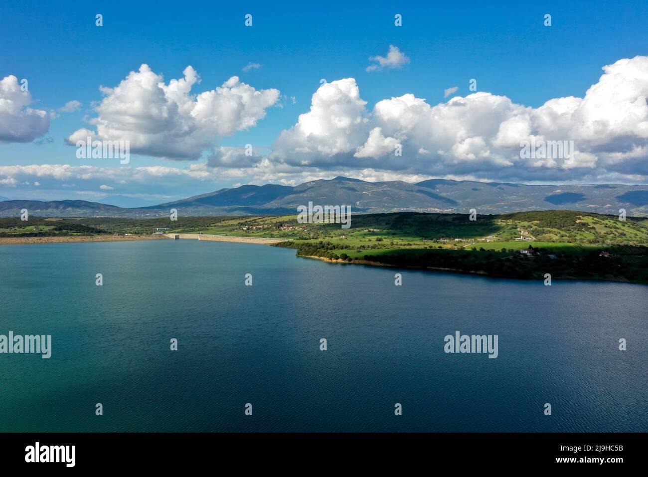 Aerial view of lake Pinios. An artificial lake created after the construction of a dam on the