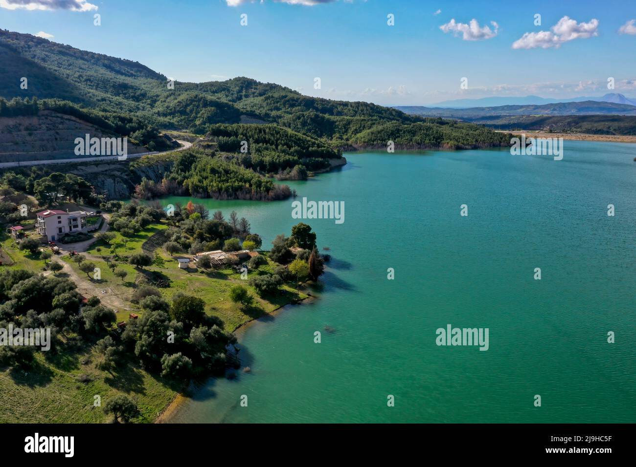 Aerial view of lake Pinios. An artificial lake created after the construction of a dam on the river Pinios in Ilia in the Peloponnese Greece. High top Stock Photo