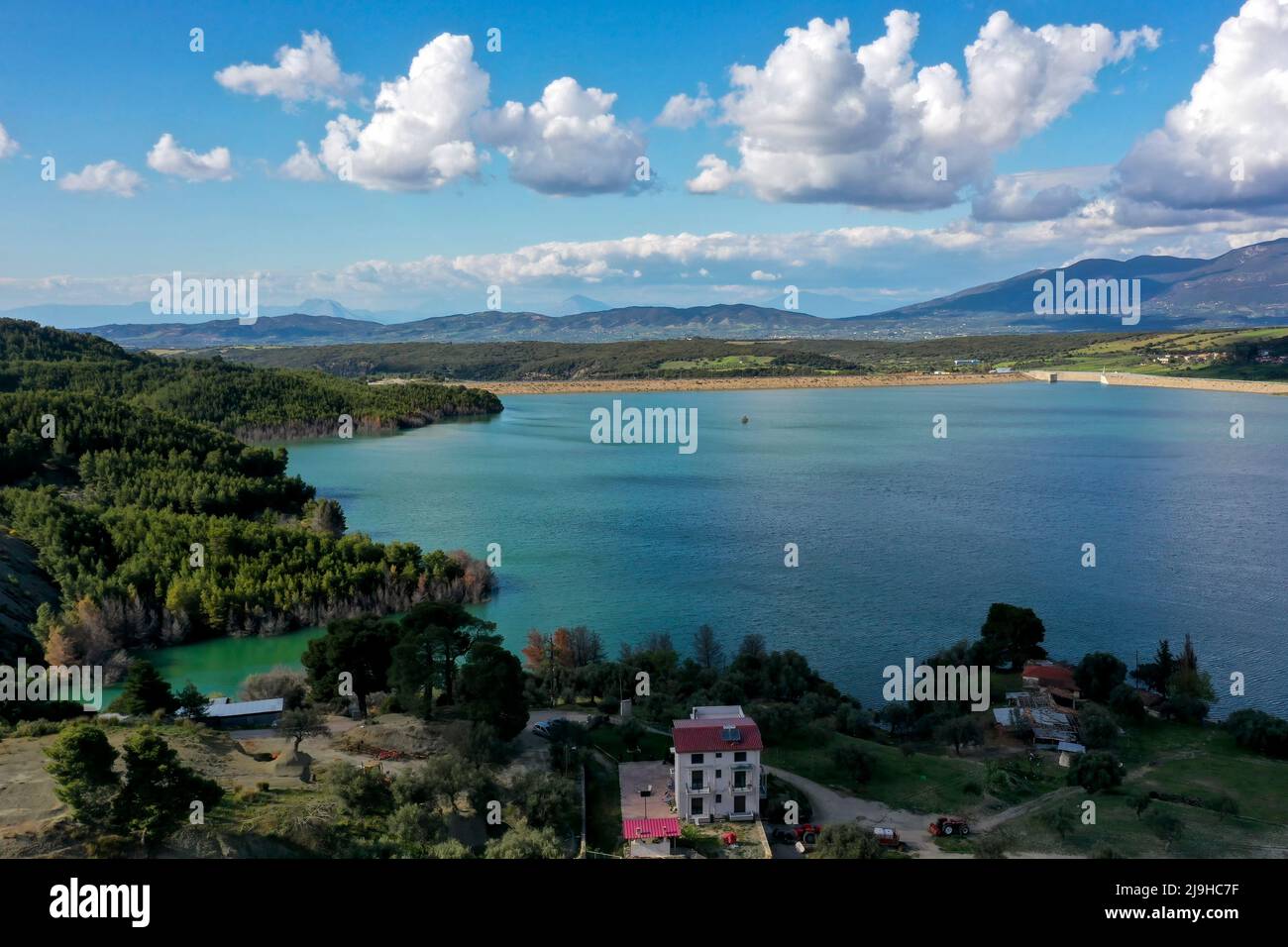 Aerial view of lake Pinios. An artificial lake created after the construction of a dam on the river Pinios in Ilia in the Peloponnese Greece. High top Stock Photo