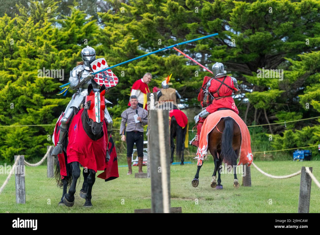 Knights on horseback during jousting tournament demonstration at Glen Innes Celtic Festival. New South Wales, Australia Stock Photo