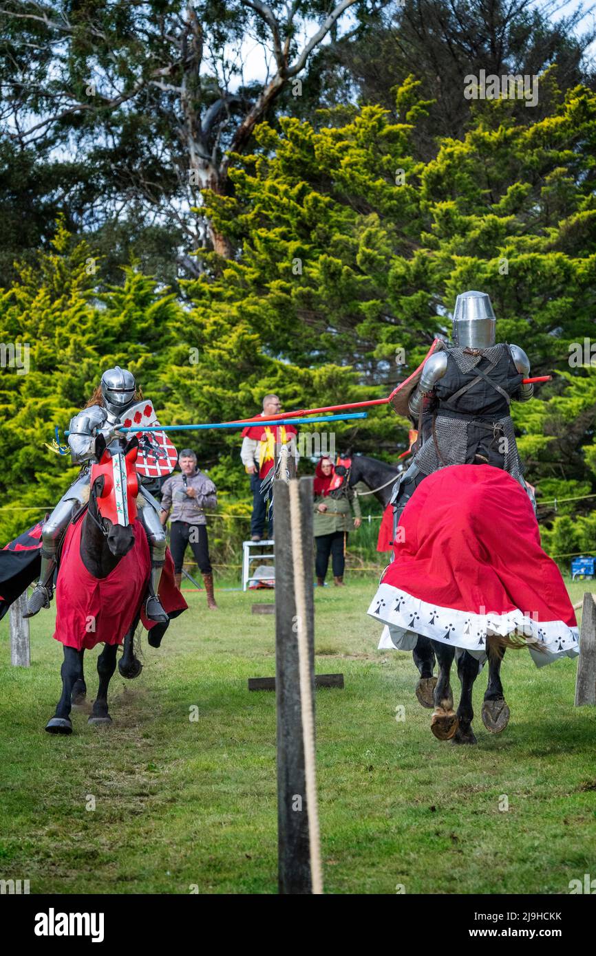 Knights on horseback during jousting tournament demonstration at Glen Innes Celtic Festival. New South Wales, Australia Stock Photo