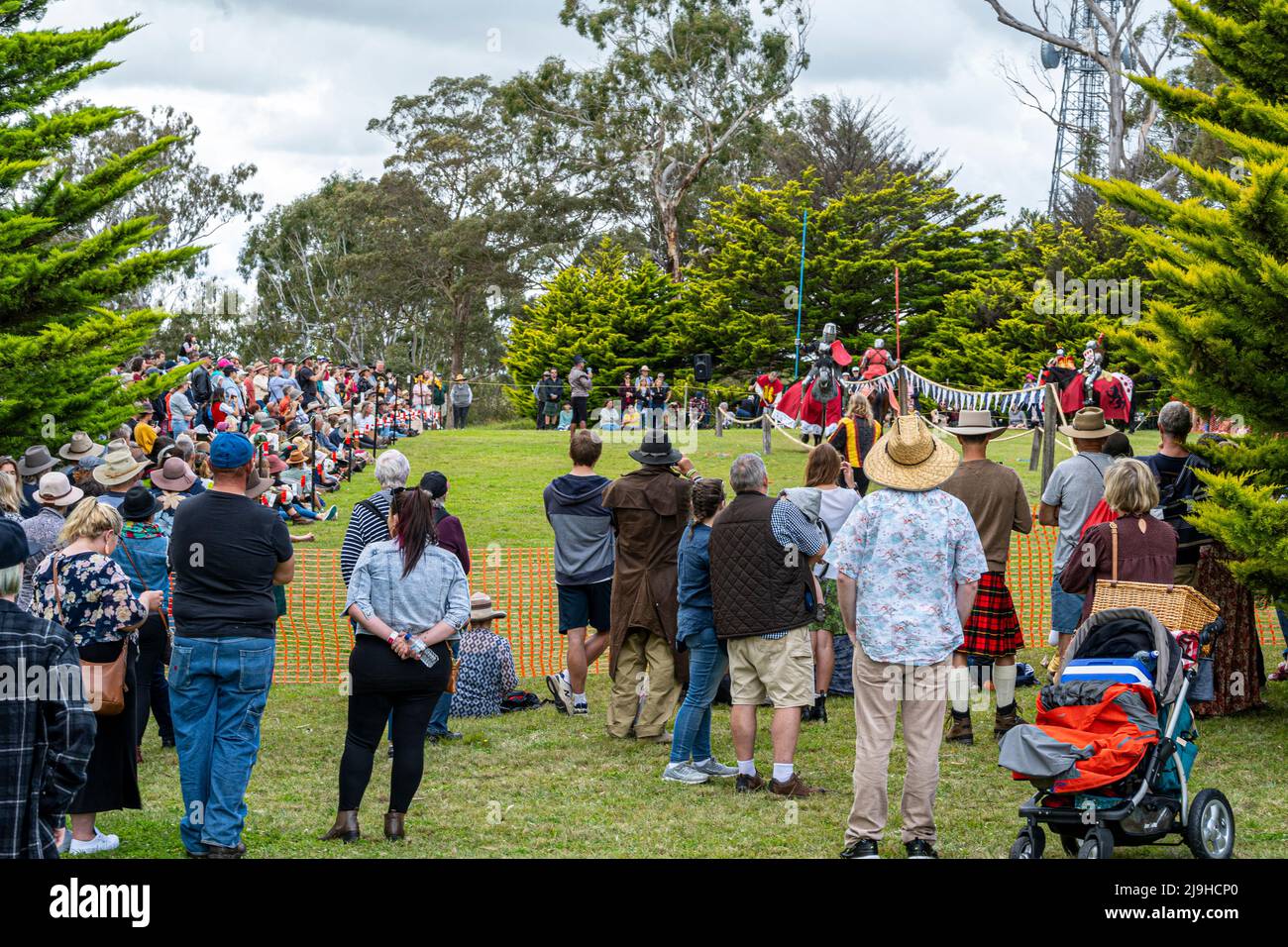 Spectators watching jousting tournament at Glen Innes Celtic Festival, NSW Australia Stock Photo